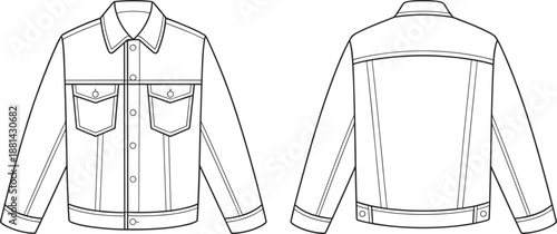 Men denim jacket CAD drawing with front and back views, button closure, chest pockets and seam details, casual outerwear fashion technical illustration, cad drawing flat vector illustration