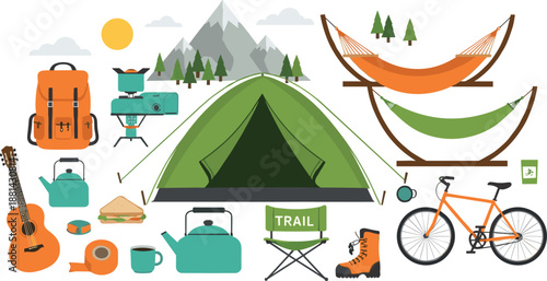Outdoor camping equipment vector set with tent backpack bicycle hammock and mountain landscape for summer hiking and adventure travel
