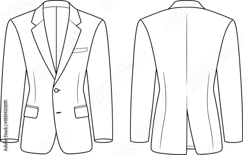 Men tailored blazer CAD drawing with front and back views, notch lapel, pocket and vent details, formal fashion apparel technical illustration, cad drawing flat vector illustration