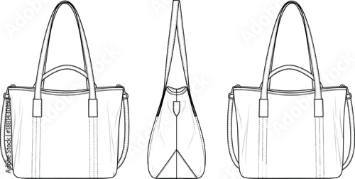 Leather tote bag CAD drawing flat vector illustration with front side views technical fashion accessory design handbag template