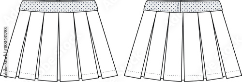 Pleated skirt CAD drawing showing front and back views with waistband detail, fashion apparel technical illustration for garment production, cad drawing flat vector illustration