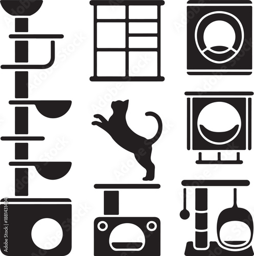 Cat icons, pet furniture, scratcher tree, condo house, wall shelf, sleeping bed, kitty playground, interior equipment