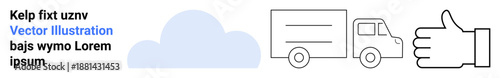 Delivery services, logistics support, transportation, approval, cloud backend, online tracking. Minimal truck, thumbs-up and cloud icons. Delivery services and logistics support