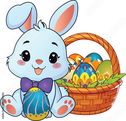 happy bunny sitting with wooden basket easter
