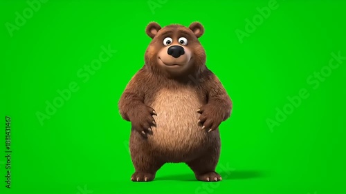 Friendly 3D animated cartoon bear character standing on a vivid green screen background, ideal for chroma key compositing in diverse digital media projects and stock video creation