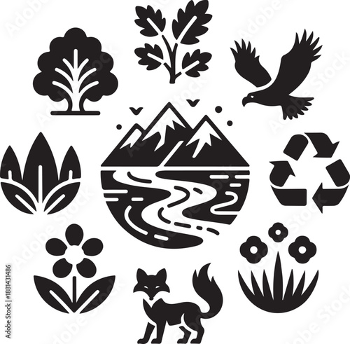 Nature icons, ecosystem symbol, mountain river, forest tree, wild animal, recycle sign, environmental protection, landscape element