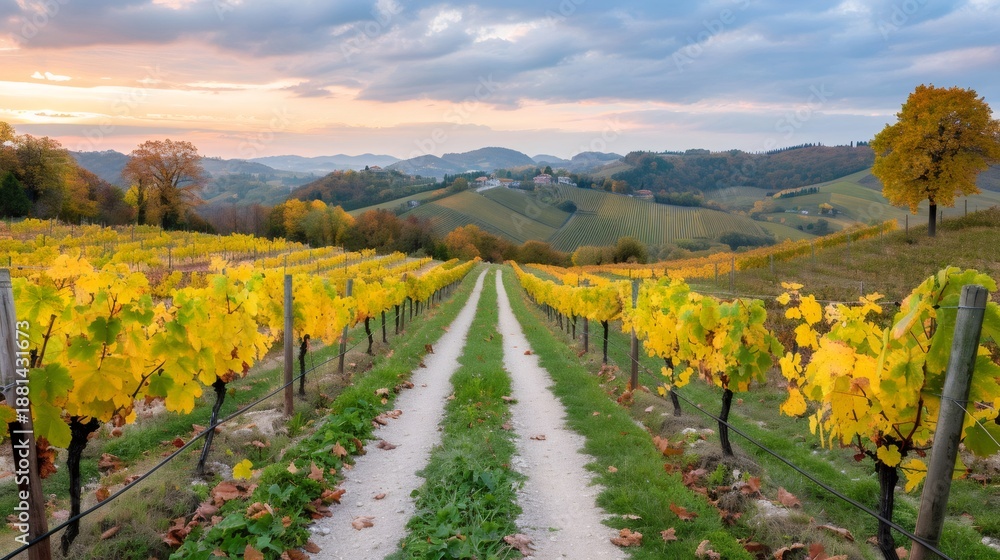 Naklejka premium Vineyard road with vibrant autumn foliage during sunset
