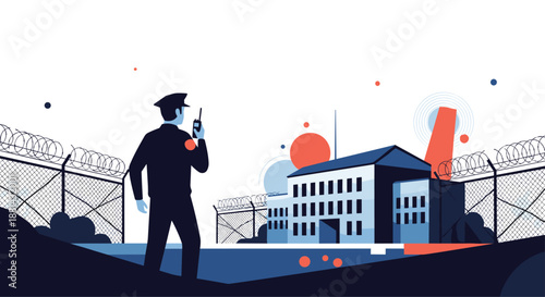 Security guard in uniform using a walkie-talkie stands watch outside a prison building enclosed by a tall barbed wire fence.
