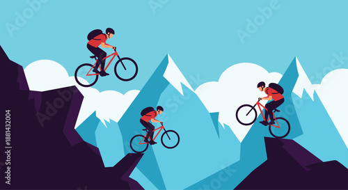 Sequence of a mountain biker with a backpack performing an extreme jump over a gap between rocky mountain peaks against a sky.