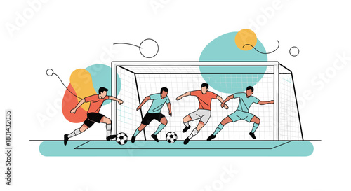 Dynamic illustration of four soccer players in action, dribbling balls and defending the goal during a competitive match.