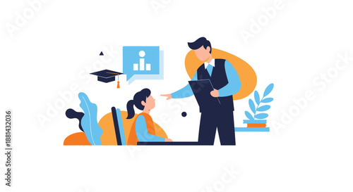 Male teacher or mentor guiding a female student sitting at her desk, with educational icons like a graduation cap and chart.