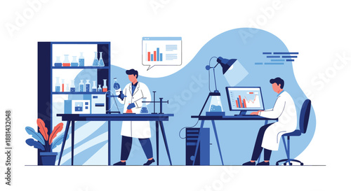 Two scientists in a modern laboratory, one using a microscope and the other analyzing data on a computer with charts.