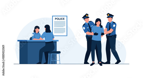 Police officers arresting a woman and bringing her into the police station where another officer sits at the reception desk.