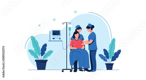 Two nurses attending to a female patient sitting in a wheelchair with an IV drip in a hospital or clinic setting.