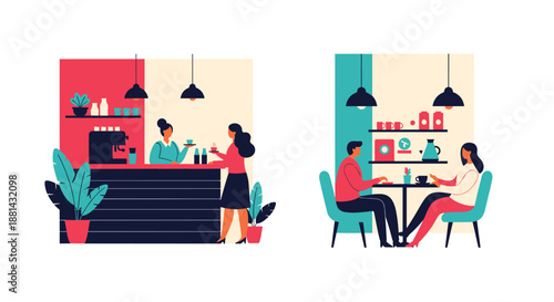 Two scenes from a coffee shop: a barista serving a customer at the counter and a couple enjoying coffee at a table.