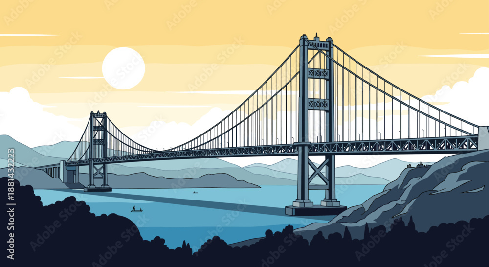 Obraz premium Pixel art illustration of a large suspension bridge, reminiscent of the Golden Gate, spanning across a body of water at sunset.