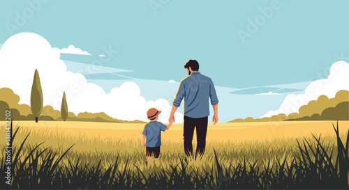 Heartwarming scene of a father and son holding hands and walking together through a vast, golden field on a beautiful day.