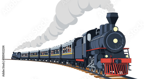 Classic steam locomotive train with passenger cars traveling on a railway track, emitting a large plume of smoke from its chimney.