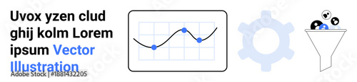 Data analysis, financial trends, data filtering, process optimization, business strategy, technology. Chart with data points, gear and funnel with icons. Data analysis and financial trends concept