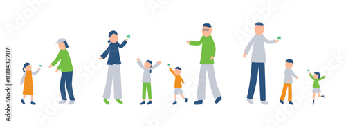 四つ葉のクローバーを見つける家族のイラストセット