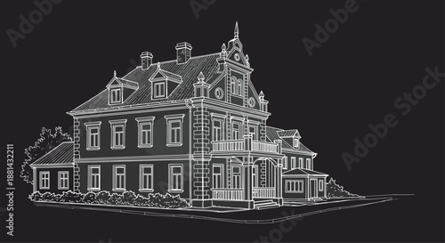 Detailed white line art illustration of an old, ornate Victorian-style mansion on a solid black background, showcasing its architecture.