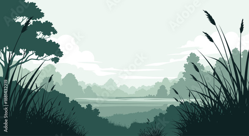 Peaceful, monochromatic green landscape view of a misty forest and lake, with tall grass and trees silhouetted in the foreground.