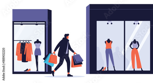 Stylish man carrying several shopping bags walks past modern clothing store windows with fashionable mannequins on display.