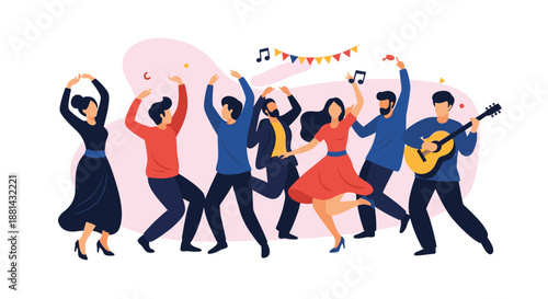 Group of joyful friends dancing and celebrating at a party, with one person playing a guitar, creating a festive atmosphere.