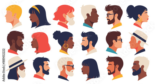 Diverse collection of colorful profile portraits of men and women from various ethnicities, ages, and styles in a grid layout.