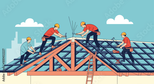 Team of construction workers in hard hats collaborating on building the roof frame of a new house against a city skyline.