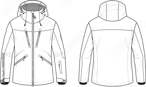 Technical hooded jacket CAD drawing flat vector illustration with front and back views apparel design outerwear fashion zipper pockets