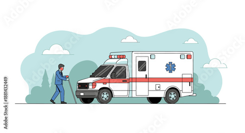 Ambulance and Businessman Walking Illustration. Emergency Medical Services (EMS) concept art showing healthcare access and rescue vehicle aid.