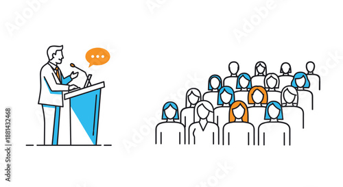 Simple line art illustration showing a speaker at a podium addressing a seated audience, representing a presentation or lecture.