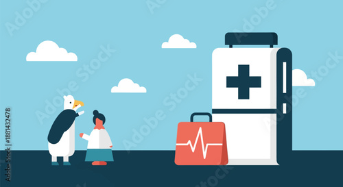 Flat Design Vector: Friendly Healthcare Consultation with Eagle Mascot, Pharmacy Service, and First Aid Kit.
