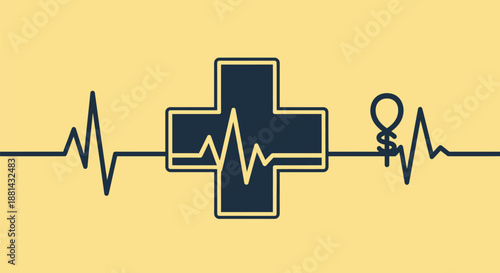 Healthcare Financial Stability: ECG Heartbeat Pulse Line with Medical Cross and Dollar Symbol Illustration.