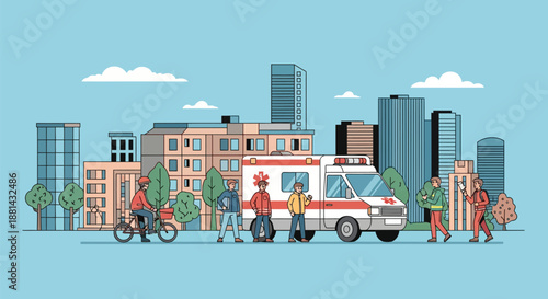 City Emergency Response Illustration: Ambulance on a Busy Urban Street with Diverse People and Modern Buildings in Flat Design Style