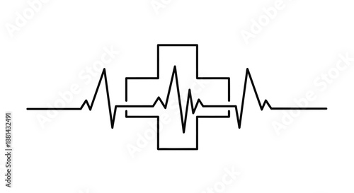 Minimalist Heartbeat Line over Medical Cross Icon. EKG Pulse Wave Vector Symbol for Health, First Aid, and Emergency Care.