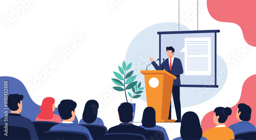 Professional man in a suit delivering a speech from a podium to a seated audience during a business conference or seminar.