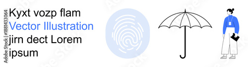 Security, identity verification, protection, professional , privacy, and branding. A fingerprint, umbrella and a businesswoman are . Security and identity verification concept