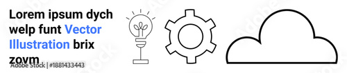 Lightbulb for creativity, gear for process, cloud for connectivity in a black-and-white minimalist style. Ideal for innovation, teamwork, technology, creativity, process management, collaboration