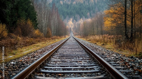 A long, straight railway track stretches into the distance, disappearing into a misty forest landscape on a cloudy autumn day.