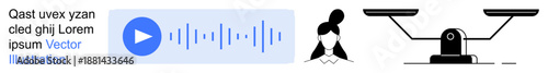 Communication design, voice recognition, justice system, user interaction, equality, and technology balance. Audio icon, scale and a customer support figure. Communication and justice concepts