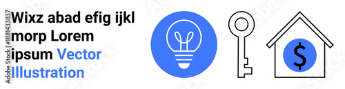 Energy efficiency, financial planning, home security, innovation, investment, business strategy. Lightbulb, key house with dollar symbol graphic. Energy efficiency and financial planning concept