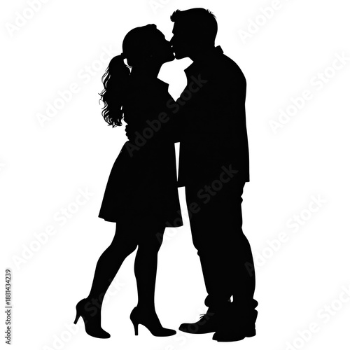 Couple kissing silhouette isolated on white background.