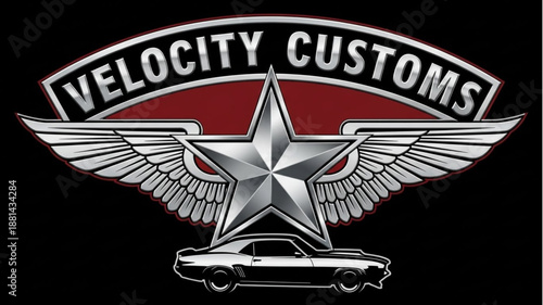 Velocity Customs Winged Star Emblem with Classic Car.