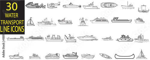 Water transport line icons set showcasing various boats and ships