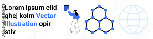 Education, global connection, technology, innovation, molecular science, research. A person holding a book, hexagonal structure globe outline. Education and global connection concept