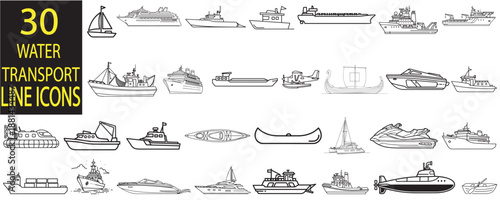 Thirty water transport icons including ships boats and marine craft