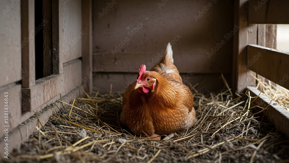 Fototapeta premium Chicken in a cozy nest made of hay on a farm
