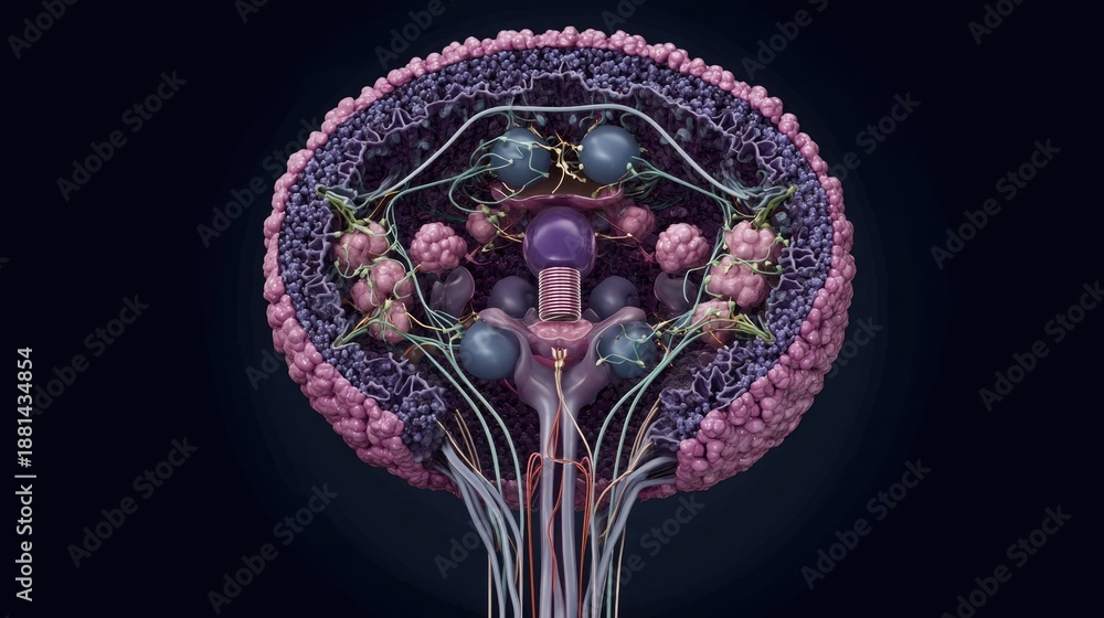 Obraz premium Intricate Artistic Representation of Cell Structures with Neurons, Nuclei, and Membranes Against a Dark Background